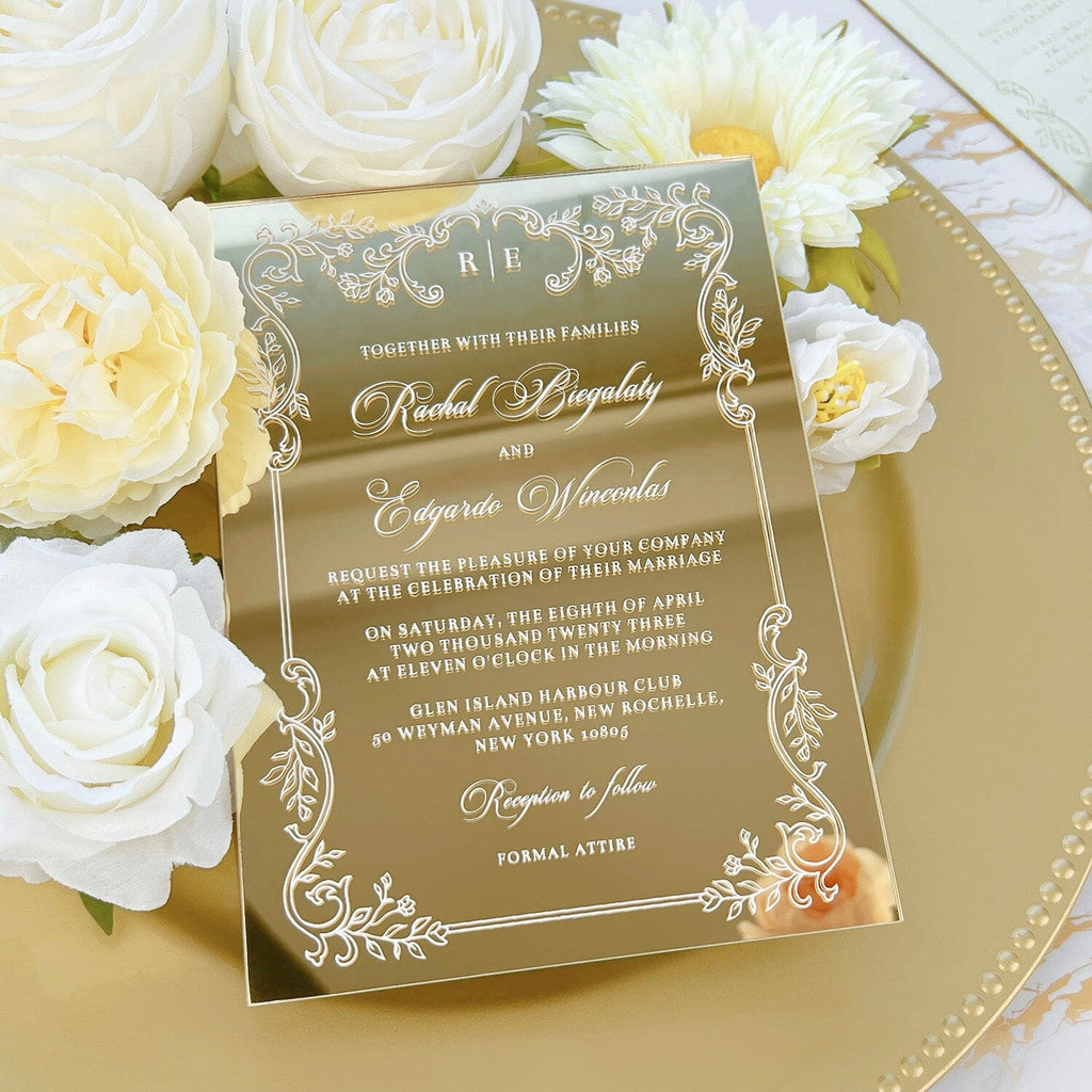 Gold Acrylic Mirror Wedding Invitation, Elegant Invites Cards with Filigree Frame Wedding Ceremony Supplies Picky Bride 