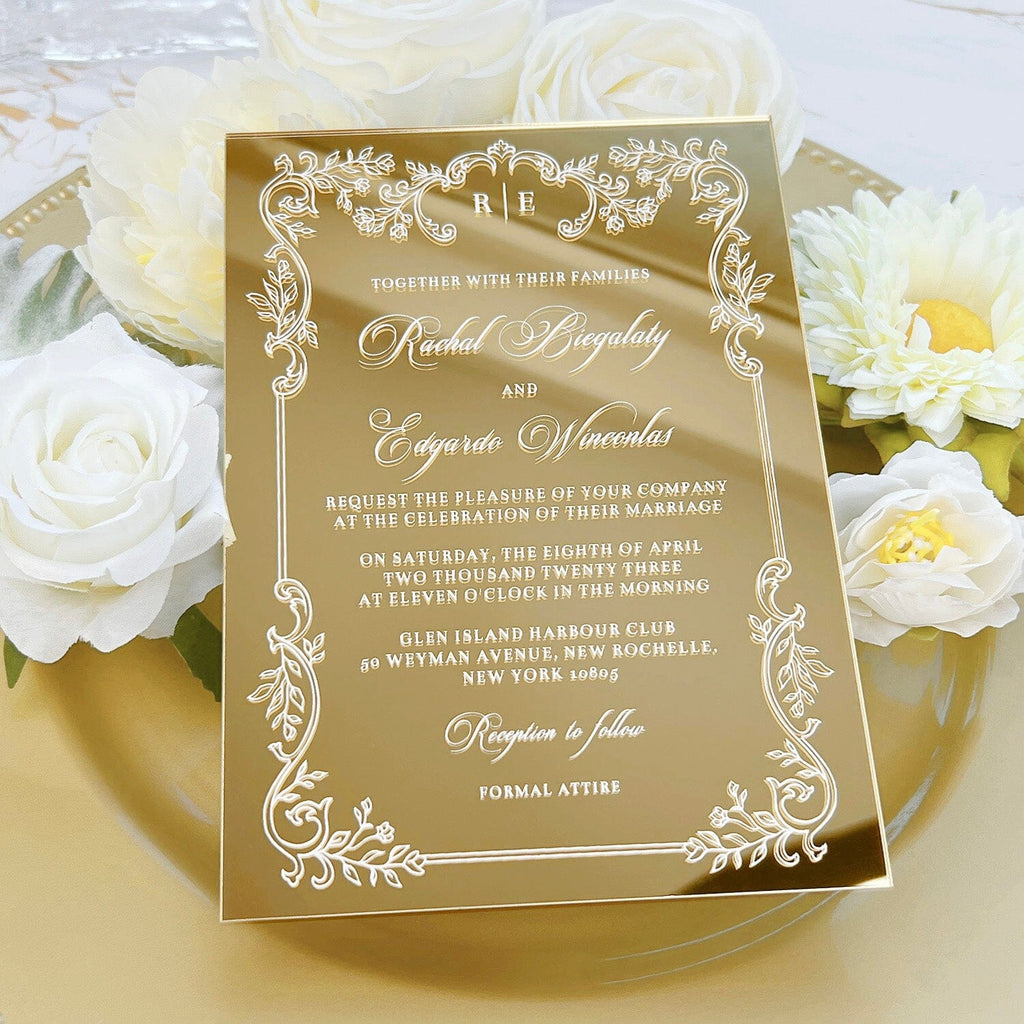 Gold Acrylic Mirror Wedding Invitation, Elegant Invites Cards with Filigree Frame Wedding Ceremony Supplies Picky Bride 