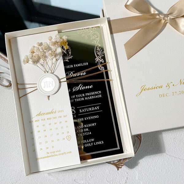 Gold and Ivory Mirror Acrylic Wedding Invitation, Pearl Ivory Wax Seal and Botanies, Gold Foil Save the Date, Silk Ribbon Box Wedding Ceremony Supplies Picky Bride 