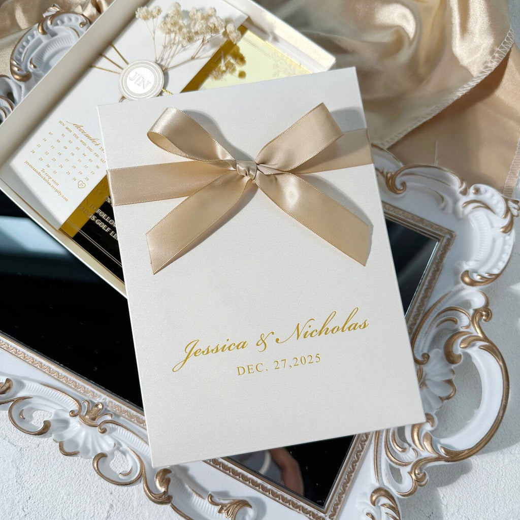 Gold and Ivory Mirror Acrylic Wedding Invitation, Pearl Ivory Wax Seal and Botanies, Gold Foil Save the Date, Silk Ribbon Box Wedding Ceremony Supplies Picky Bride 