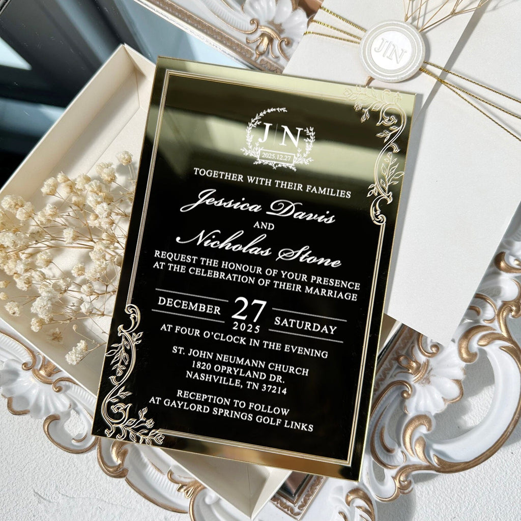 Gold and Ivory Mirror Acrylic Wedding Invitation, Pearl Ivory Wax Seal and Botanies, Gold Foil Save the Date, Silk Ribbon Box Wedding Ceremony Supplies Picky Bride 