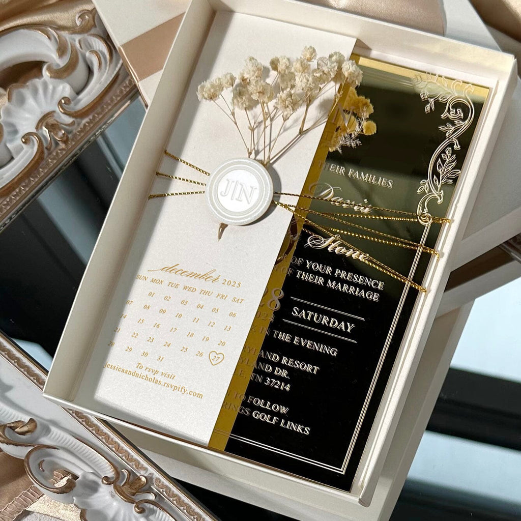 Gold and Ivory Mirror Acrylic Wedding Invitation, Pearl Ivory Wax Seal and Botanies, Gold Foil Save the Date, Silk Ribbon Box Wedding Ceremony Supplies Picky Bride 