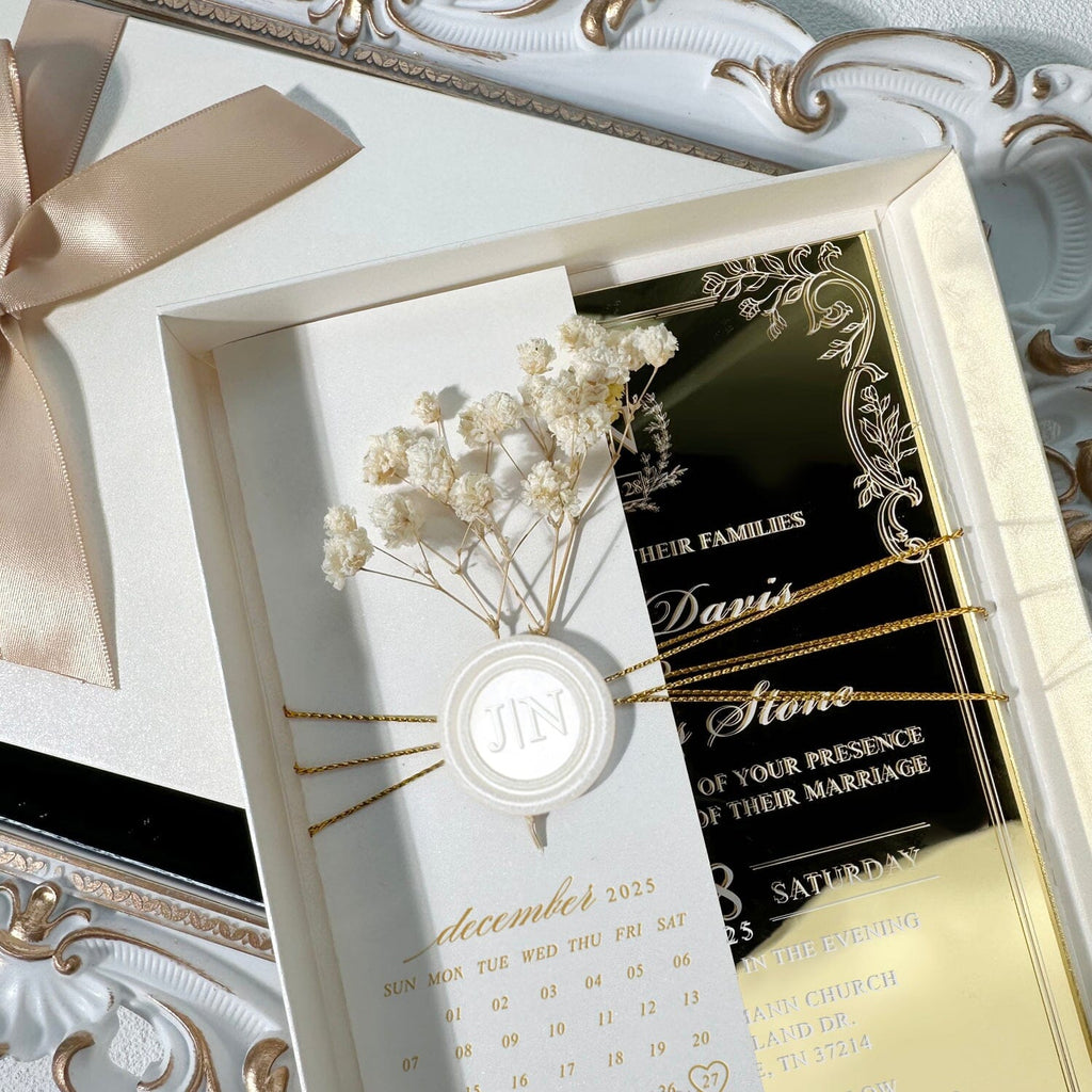 Gold and Ivory Mirror Acrylic Wedding Invitation, Pearl Ivory Wax Seal and Botanies, Gold Foil Save the Date, Silk Ribbon Box Wedding Ceremony Supplies Picky Bride 