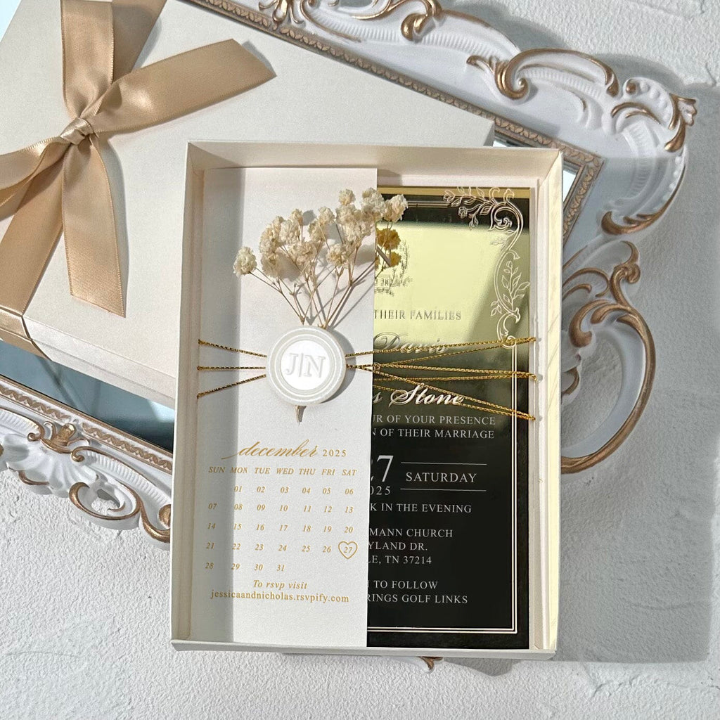 Gold and Ivory Mirror Acrylic Wedding Invitation, Pearl Ivory Wax Seal and Botanies, Gold Foil Save the Date, Silk Ribbon Box Wedding Ceremony Supplies Picky Bride 