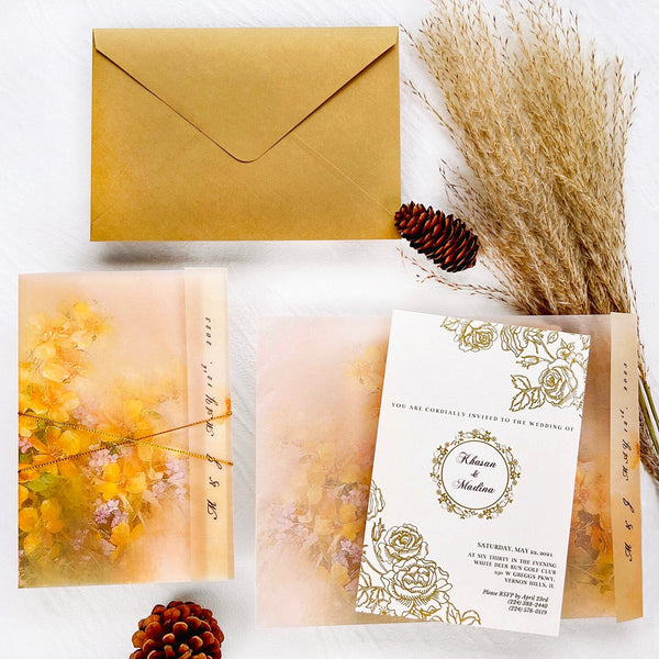 Gold and Yellow Floral Vellum Jacket Wedding Invitation, Luxury Gold Foil Invites with Personalized Monogram, Elegant Watercolor Covers with Golden Twine Wedding Ceremony Supplies Picky Bride 