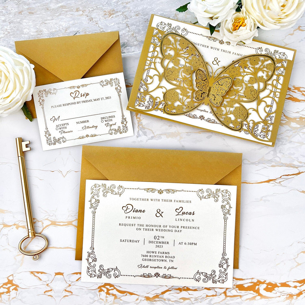 Gold Foil 3D Butterfly Wedding Invitations, Golden Laser Cut Butterfly Wedding Invites Card and RSVP, Personalized Wedding Cards Wedding Ceremony Supplies Picky Bride 