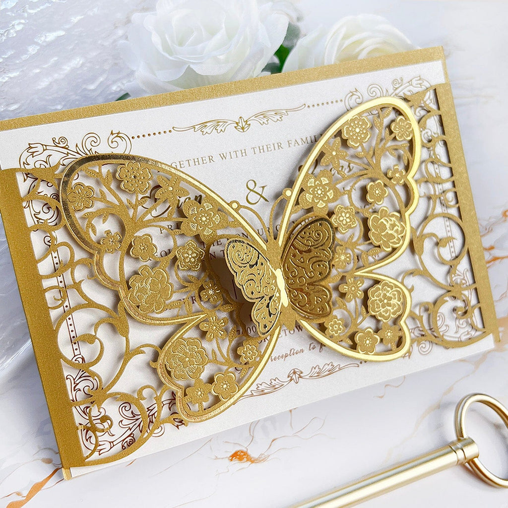 Gold Foil 3D Butterfly Wedding Invitations, Golden Laser Cut Butterfly Wedding Invites Card and RSVP, Personalized Wedding Cards Wedding Ceremony Supplies Picky Bride Invitation 