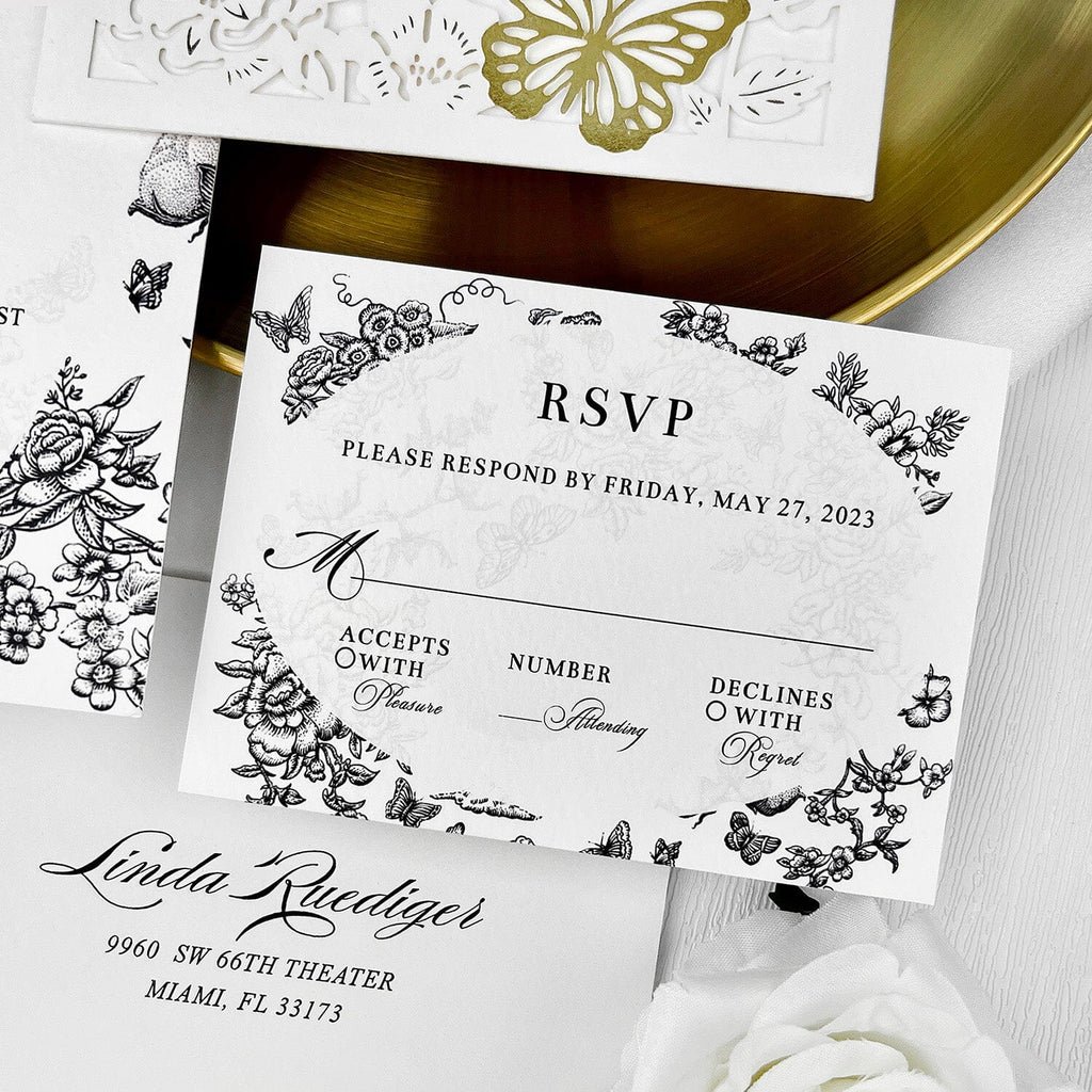 Gold Foil Butterflies Pocket Wedding Invitation Suite with Double-sided Printing, Butterfly Floral Party Invitations Wedding Ceremony Supplies Picky Bride 