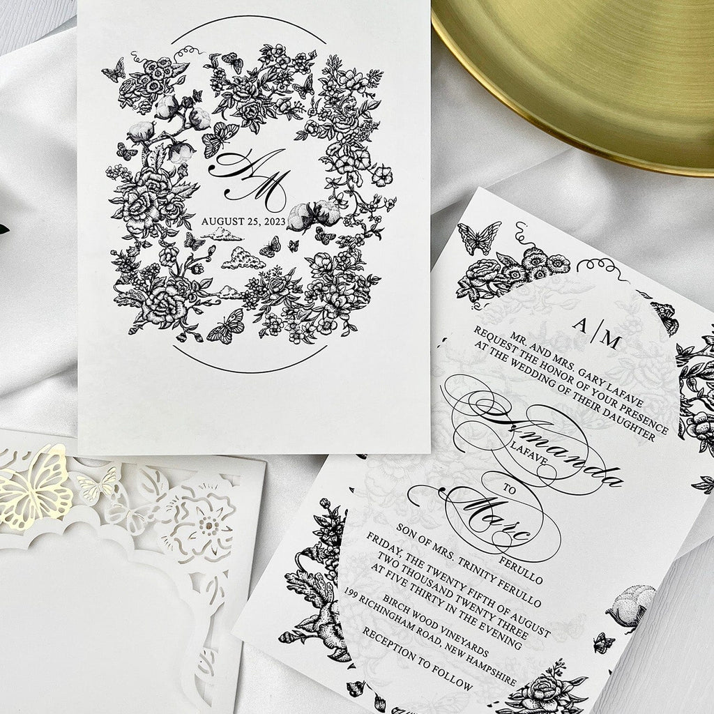 Gold Foil Butterflies Pocket Wedding Invitation Suite with Double-sided Printing, Butterfly Floral Party Invitations Wedding Ceremony Supplies Picky Bride 