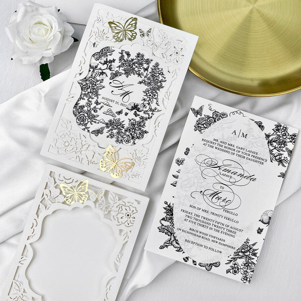 Gold Foil Butterflies Pocket Wedding Invitation Suite with Double-sided Printing, Butterfly Floral Party Invitations Wedding Ceremony Supplies Picky Bride 