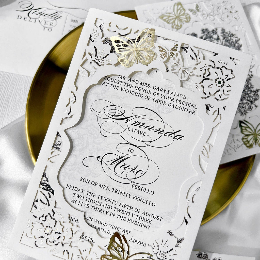 Gold Foil Butterflies Pocket Wedding Invitation Suite with Double-sided Printing, Butterfly Floral Party Invitations Wedding Ceremony Supplies Picky Bride 