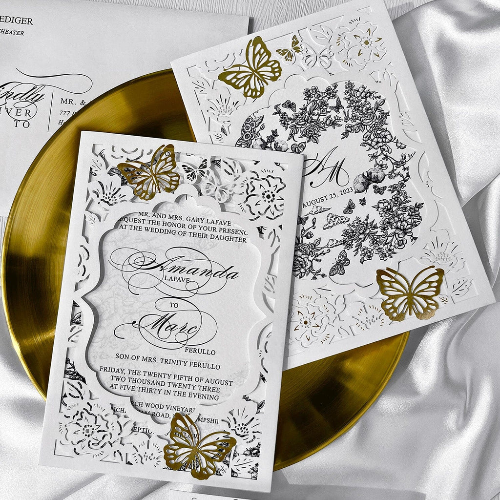 Gold Foil Butterflies Pocket Wedding Invitation Suite with Double-sided Printing, Butterfly Floral Party Invitations Wedding Ceremony Supplies Picky Bride Invitations 