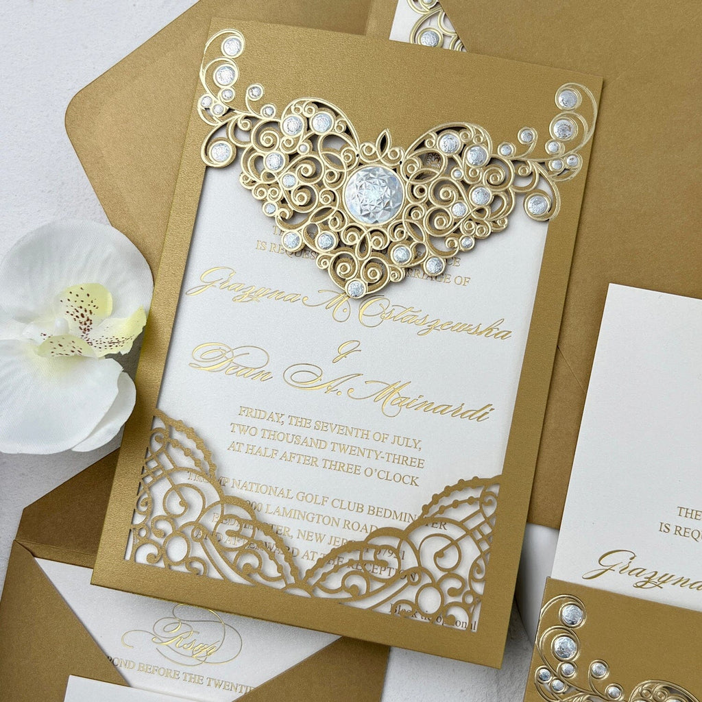 Gold Foil Pocket Wedding Invitations with RSVP, Royal Wedding Invites Golden, Luxury Embossed Wedding Invite Cards Wedding Ceremony Supplies Picky Bride 