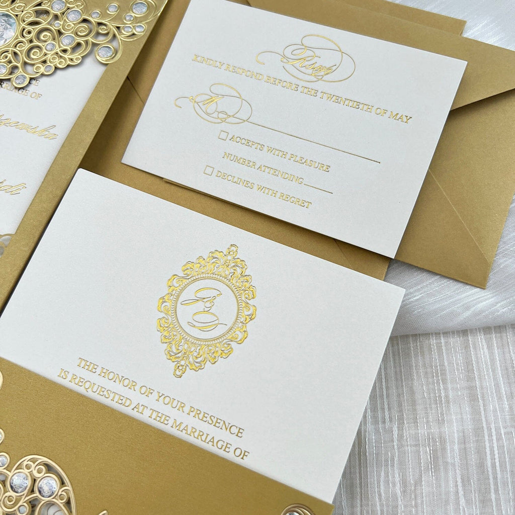 Gold Foil Pocket Wedding Invitations with RSVP, Royal Wedding Invites Golden, Luxury Embossed Wedding Invite Cards Wedding Ceremony Supplies Picky Bride 