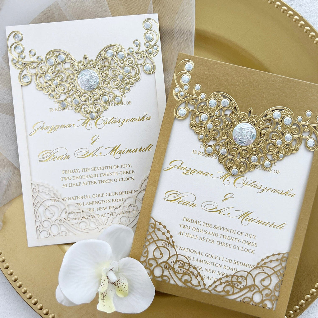 Gold Foil Pocket Wedding Invitations with RSVP, Royal Wedding Invites Golden, Luxury Embossed Wedding Invite Cards Wedding Ceremony Supplies Picky Bride 