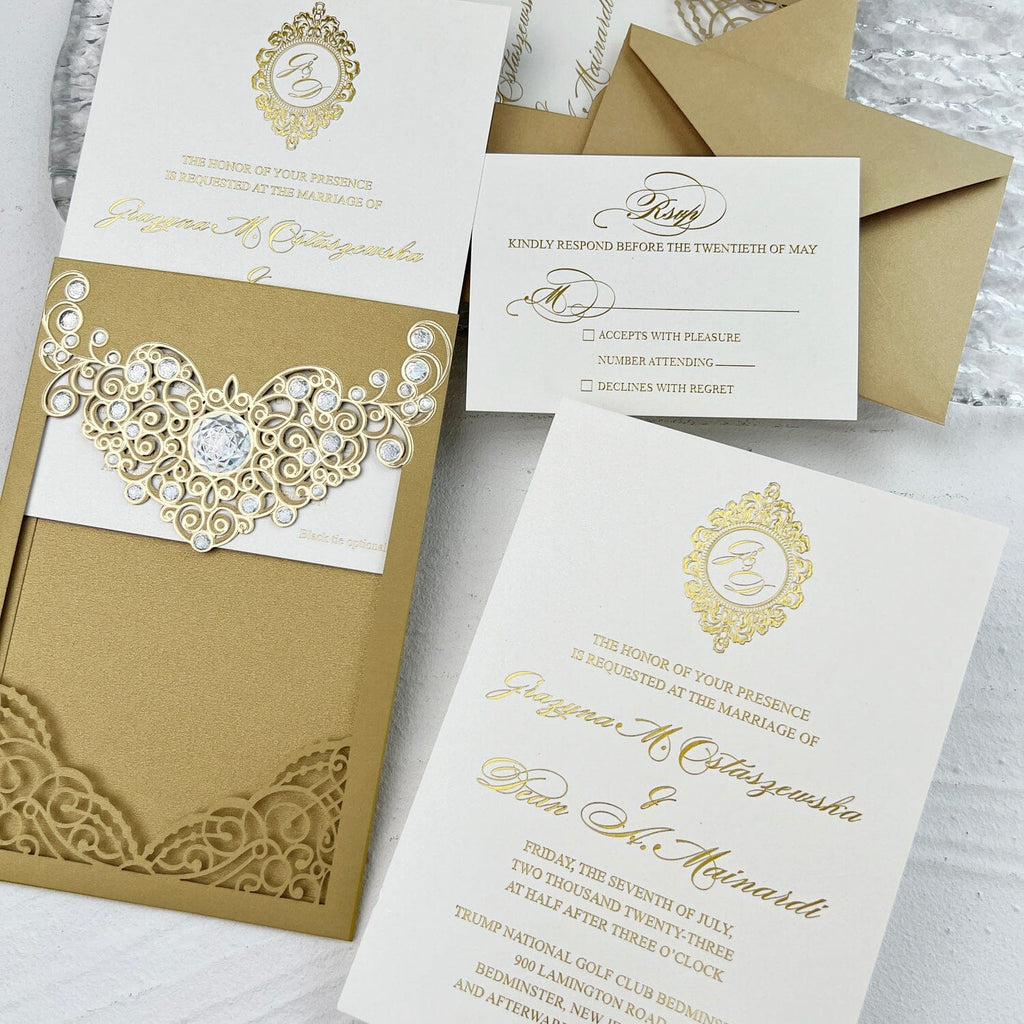 Gold Foil Pocket Wedding Invitations with RSVP, Royal Wedding Invites Golden, Luxury Embossed Wedding Invite Cards Wedding Ceremony Supplies Picky Bride 