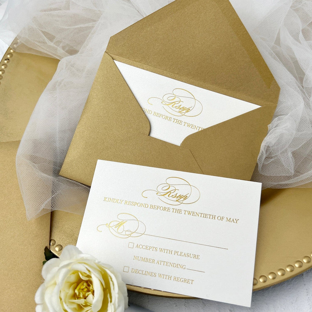 Gold Foil Pocket Wedding Invitations with RSVP, Royal Wedding Invites Golden, Luxury Embossed Wedding Invite Cards Wedding Ceremony Supplies Picky Bride 