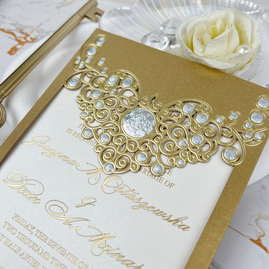 Gold Foil Pocket Wedding Invitations with RSVP, Royal Wedding Invites Golden, Luxury Embossed Wedding Invite Cards Wedding Ceremony Supplies Picky Bride 