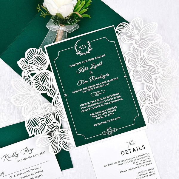 Green and White Laser Cut Wedding Invitation, White Ink Invitations, Emerald Wedding Invite Cards and RSVP Wedding Ceremony Supplies Picky Bride 