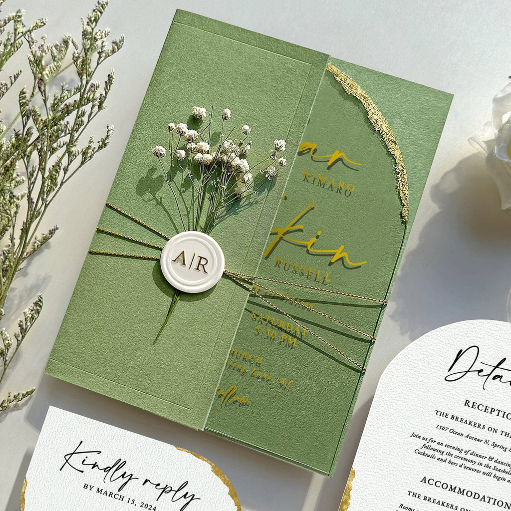 Green Botanical and Gold Arch Acrylic Wedding Invitations, Luxury Gold Foil Acrylic Invites, Handmade Gold Deckled Edge Invitation with Matching RSVP Cards Wedding Ceremony Supplies Picky Bride 