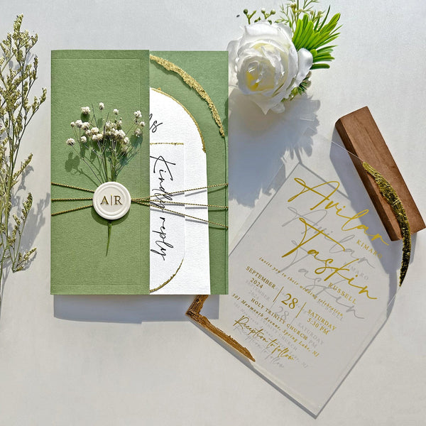 Green Botanical and Gold Arch Acrylic Wedding Invitations, Luxury Gold Foil Acrylic Invites, Handmade Gold Deckled Edge Invitation with Matching RSVP Cards Wedding Ceremony Supplies Picky Bride 