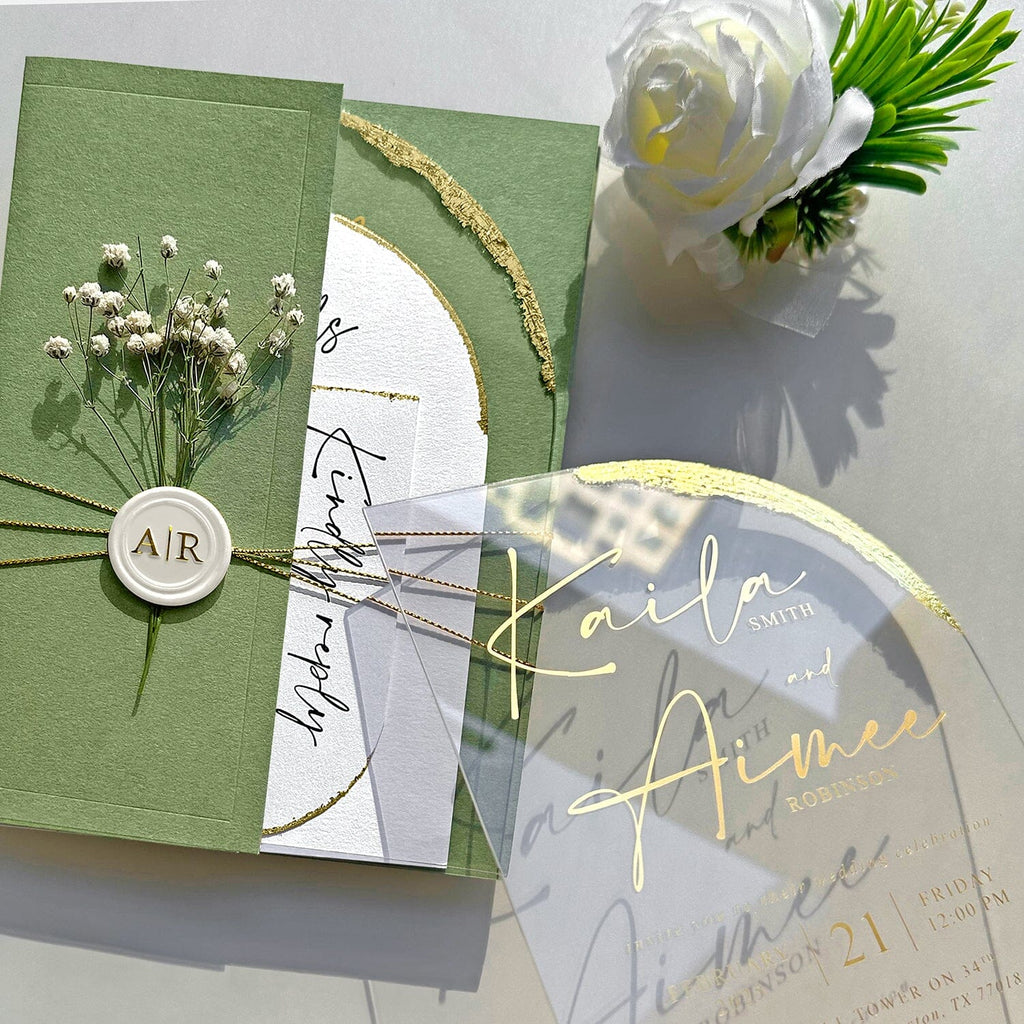 Green Botanical and Gold Arch Acrylic Wedding Invitations, Luxury Gold Foil Acrylic Invites, Handmade Gold Deckled Edge Invitation with Matching RSVP Cards Wedding Ceremony Supplies Picky Bride 