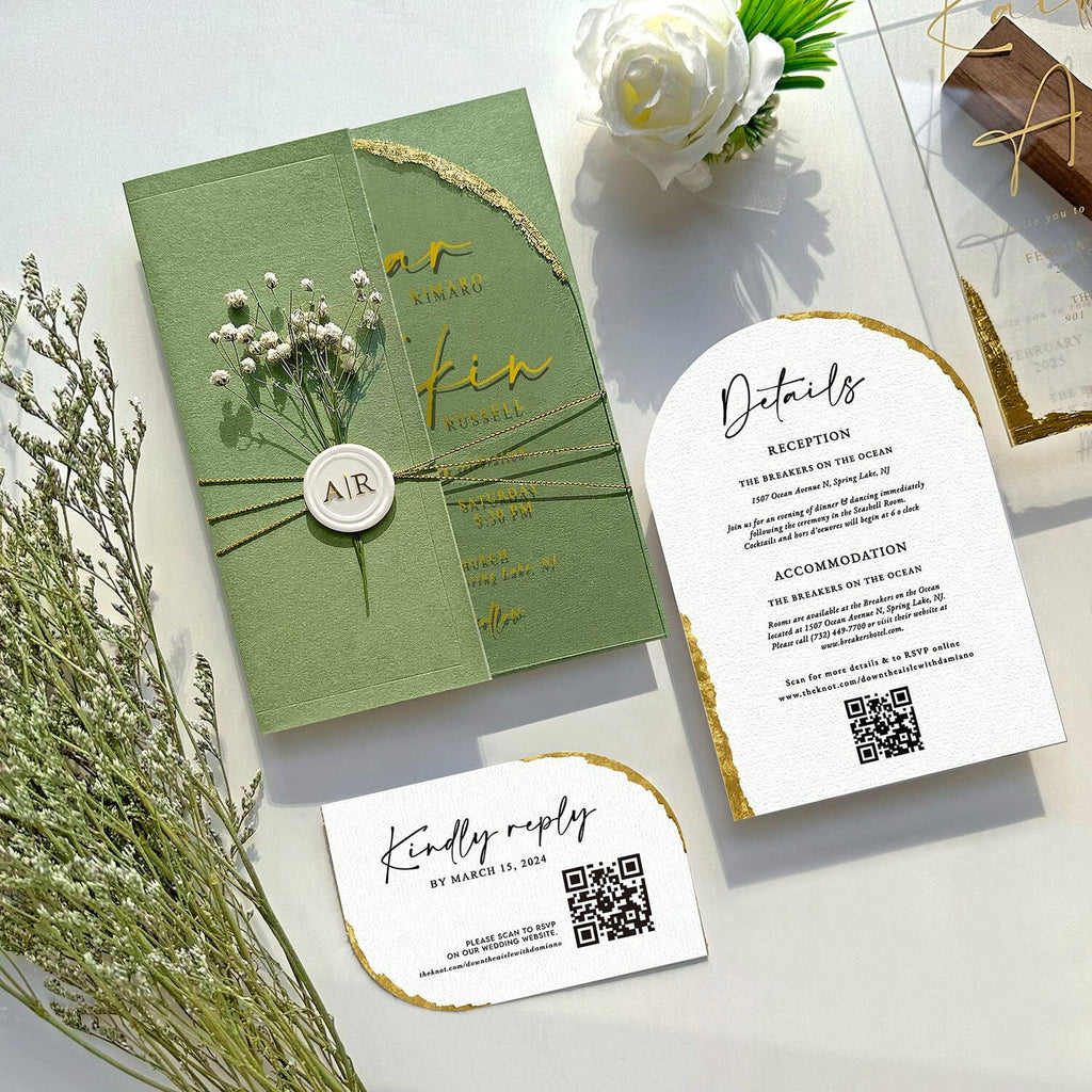 Green Botanical and Gold Arch Acrylic Wedding Invitations, Luxury Gold Foil Acrylic Invites, Handmade Gold Deckled Edge Invitation with Matching RSVP Cards Wedding Ceremony Supplies Picky Bride 