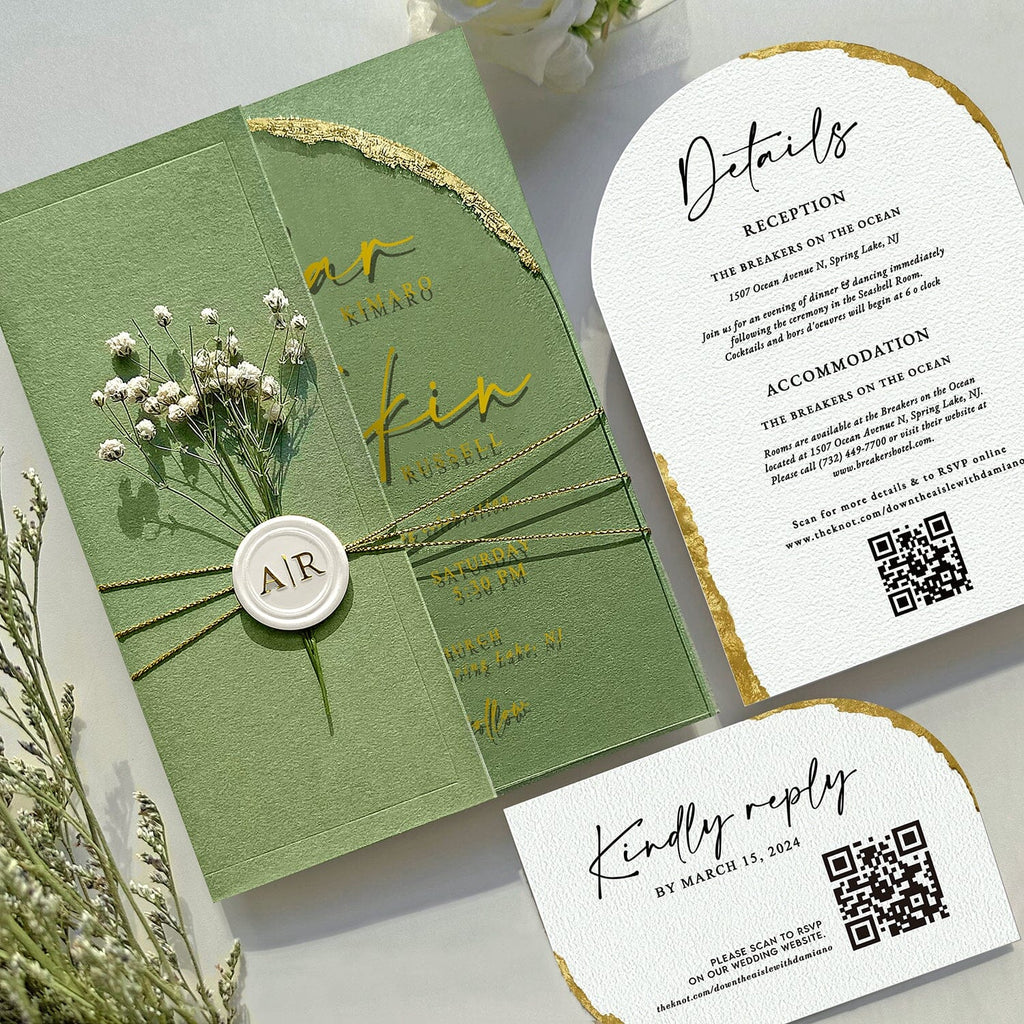 Green Botanical and Gold Arch Acrylic Wedding Invitations, Luxury Gold Foil Acrylic Invites, Handmade Gold Deckled Edge Invitation with Matching RSVP Cards Wedding Ceremony Supplies Picky Bride 