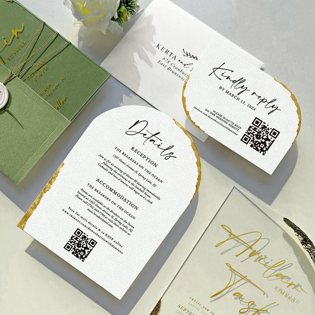 Green Botanical and Gold Arch Acrylic Wedding Invitations, Luxury Gold Foil Acrylic Invites, Handmade Gold Deckled Edge Invitation with Matching RSVP Cards Wedding Ceremony Supplies Picky Bride 