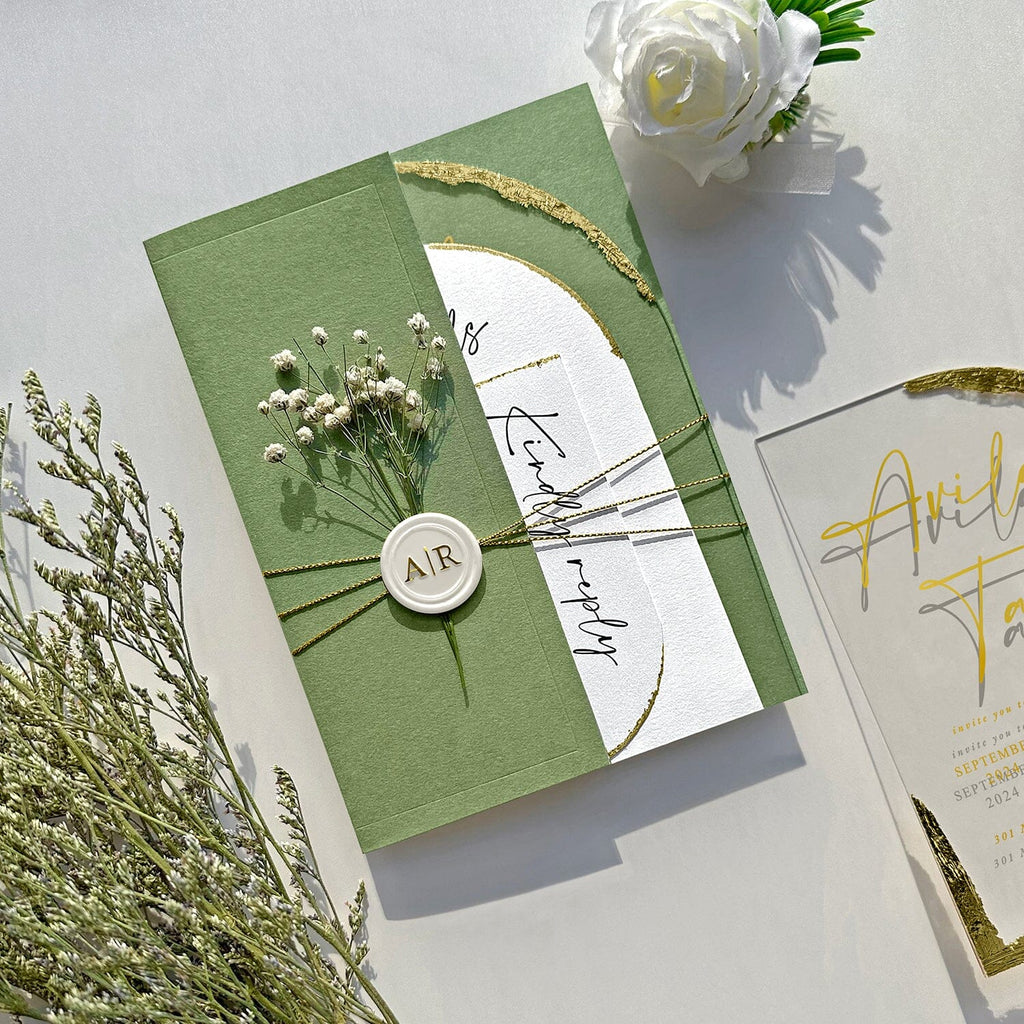 Green Botanical and Gold Arch Acrylic Wedding Invitations, Luxury Gold Foil Acrylic Invites, Handmade Gold Deckled Edge Invitation with Matching RSVP Cards Wedding Ceremony Supplies Picky Bride 