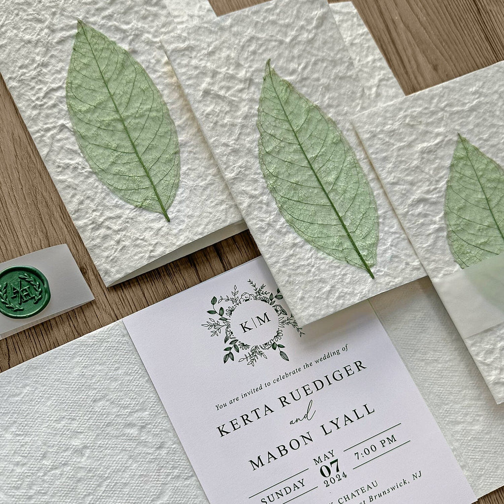 Handmade Botanical Wedding Invitations, Rustic Real Leaf Invites with Sage Green Wax Seal, Greenery Invitation with QR Code RSVP Wedding Ceremony Supplies Picky Bride 