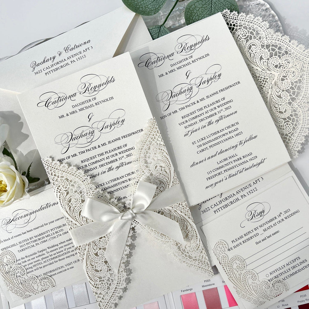 Ivory Laser Cut Wedding Invitation Suite, Gate Fold Lace Calligraphy Invites, Customized Wedding Card Size Wedding Ceremony Supplies Picky Bride 