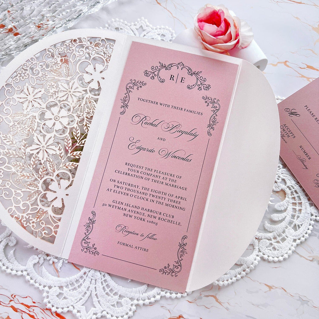 Laser Cut Flower Wedding Invitations, Lace Gate-Fold Invitation Cards, Personalized Wedding Cards with RSVP Wedding Ceremony Supplies Picky Bride 