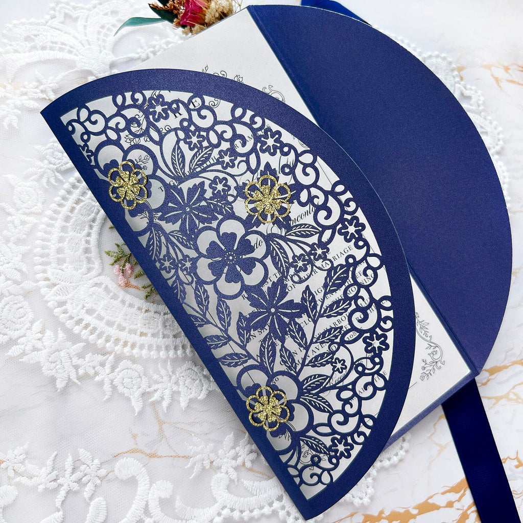 Laser Cut Flower Wedding Invitations, Lace Gate-Fold Invitation Cards, Personalized Wedding Cards with RSVP Wedding Ceremony Supplies Picky Bride Invitation Navy 