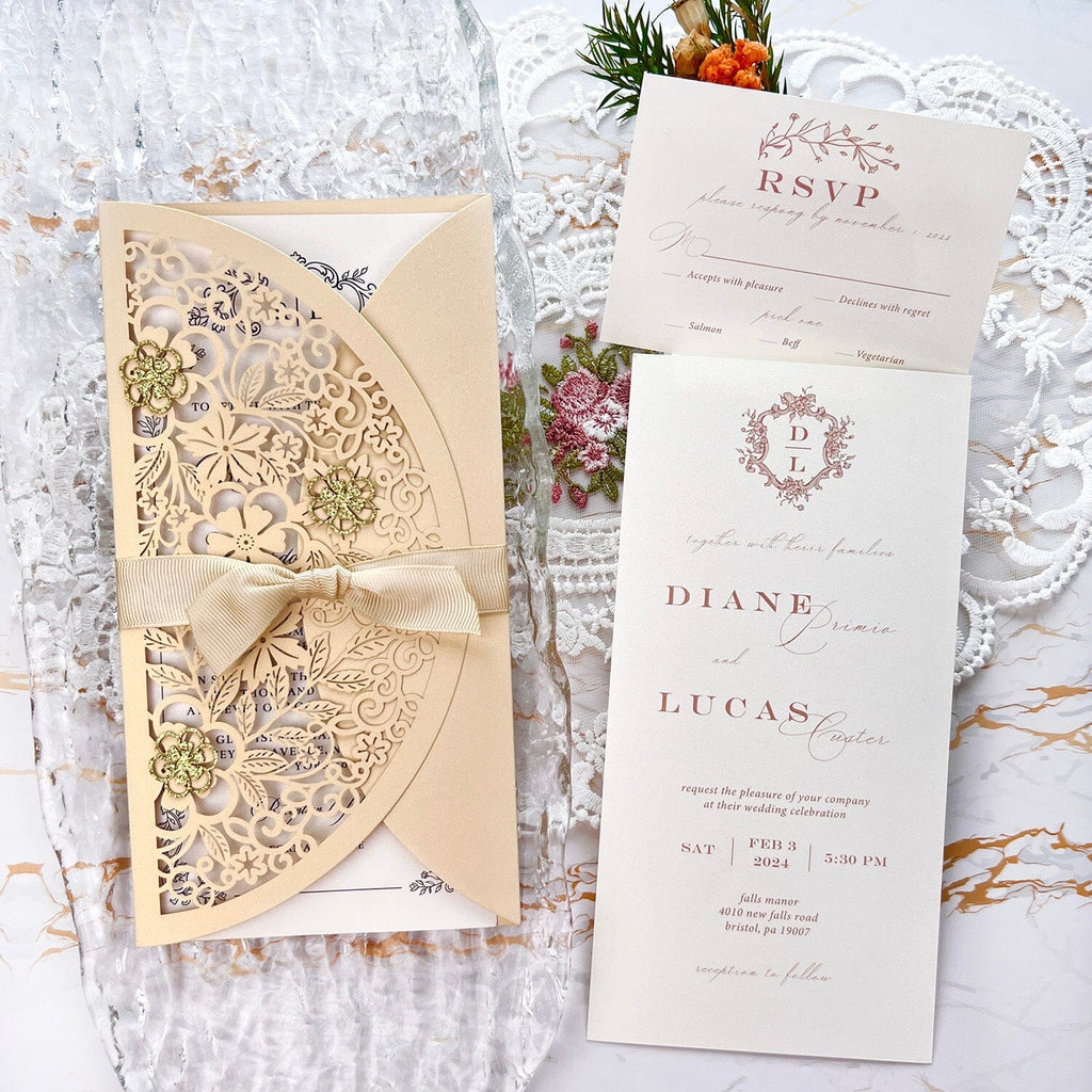 Laser Cut Flower Wedding Invitations, Lace Gate-Fold Invitation Cards, Personalized Wedding Cards with RSVP Wedding Ceremony Supplies Picky Bride Invitation + RSVP($0.6) Gold 