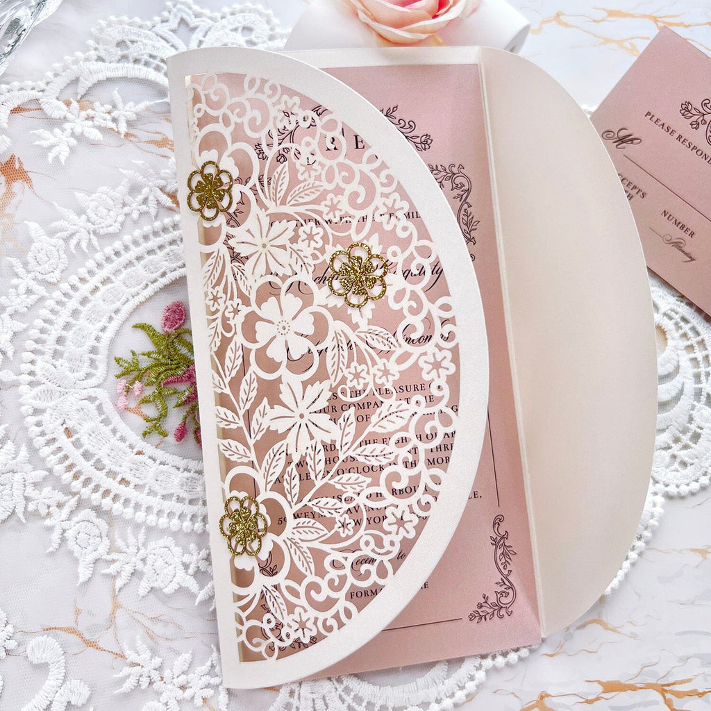 Laser Cut Flower Wedding Invitations, Lace Gate-Fold Invitation Cards, Personalized Wedding Cards with RSVP Wedding Ceremony Supplies Picky Bride Invitation White 