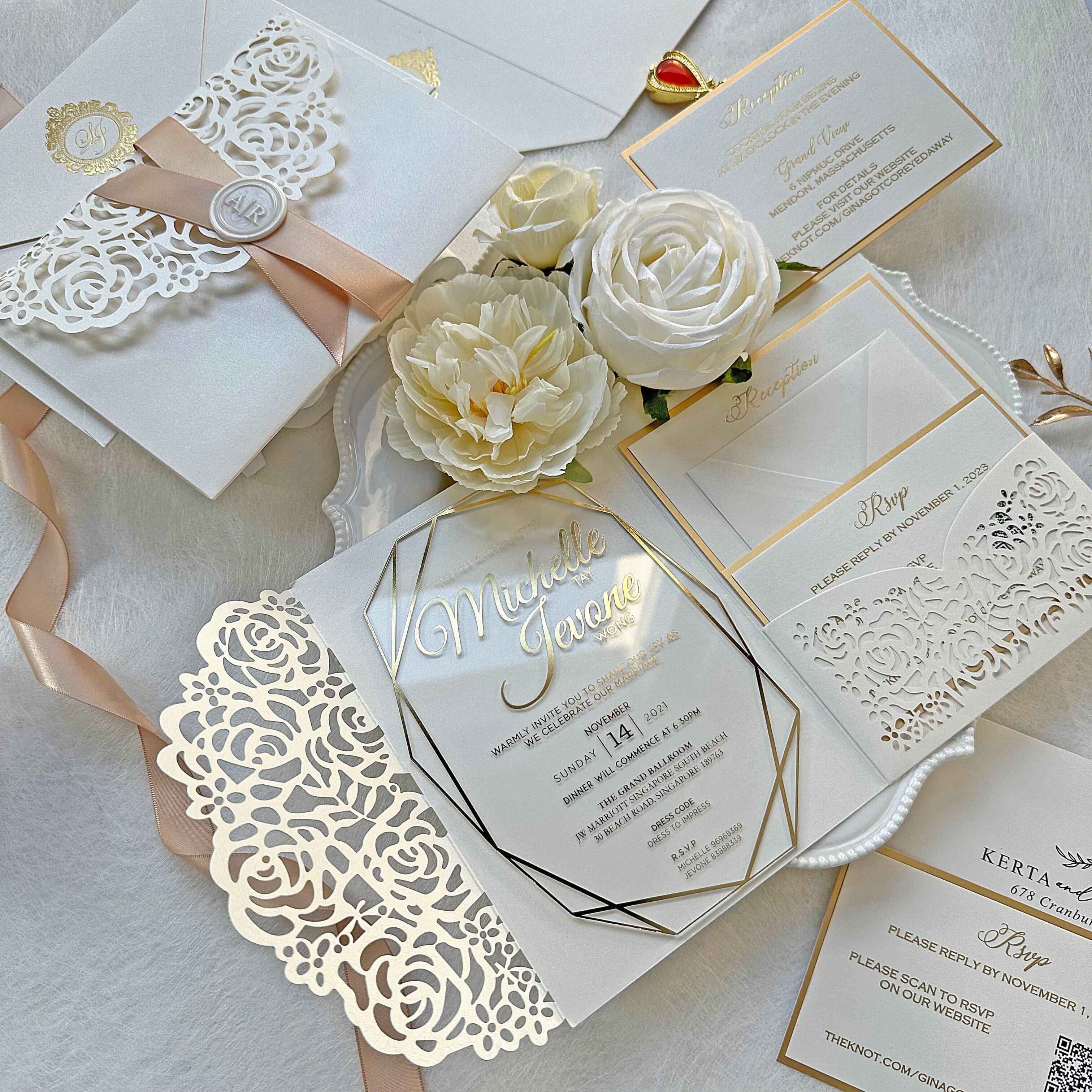 Laser Cut Pocket Clear Acrylic Wedding Invitation with Matching Cards: RSVP Card, Reception Card, Detail Cards, Ivory Rose Laser Cutting