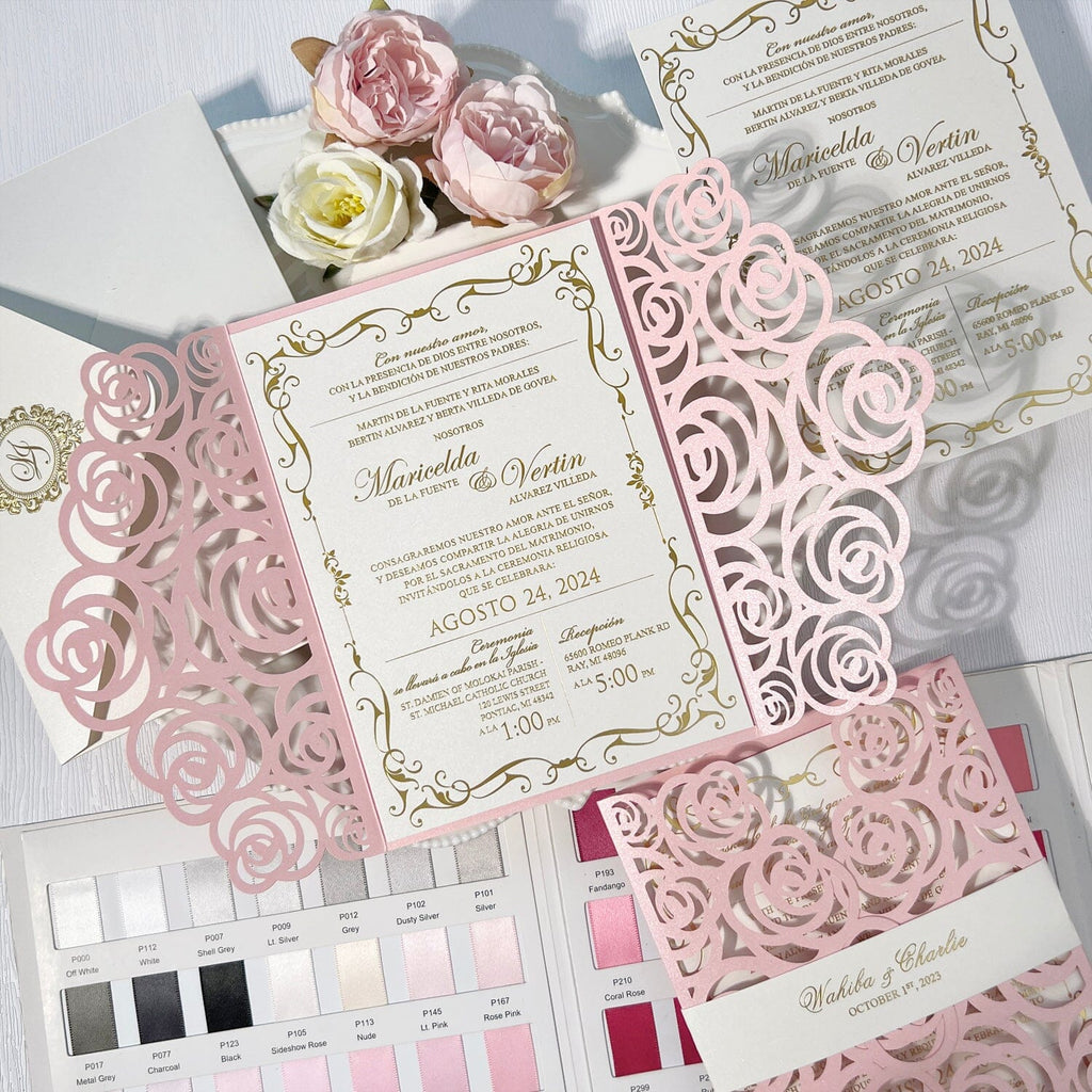 Laser Cut Rose Wedding Invitation with Gold Foil Printing, 5x7 Gate Fold Invites Card, Pink Shimmer Invitations Wedding Ceremony Supplies Picky Bride 