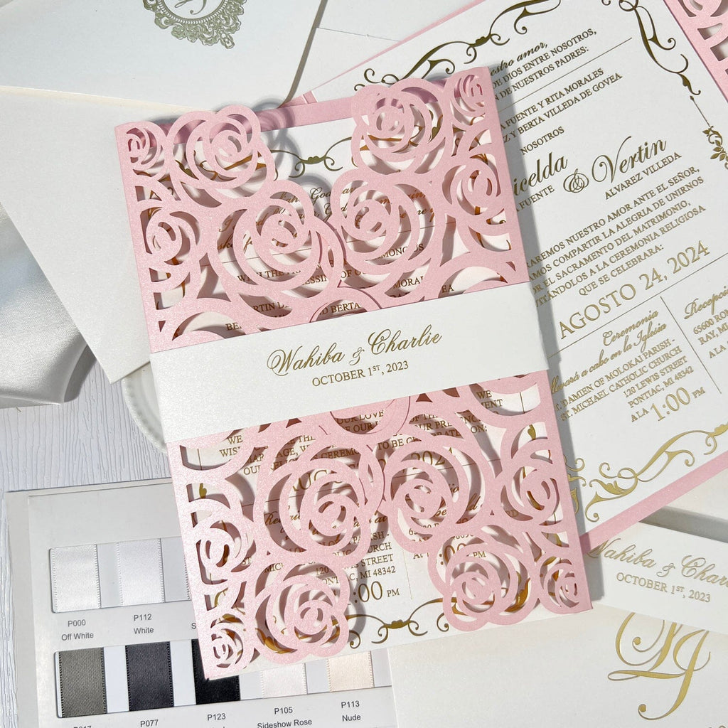 Laser Cut Rose Wedding Invitation with Gold Foil Printing, 5x7 Gate Fold Invites Card, Pink Shimmer Invitations Wedding Ceremony Supplies Picky Bride 