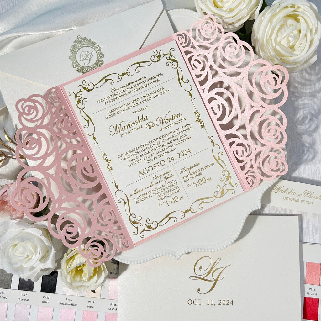 Laser Cut Rose Wedding Invitation with Gold Foil Printing, 5x7 Gate Fold Invites Card, Pink Shimmer Invitations Wedding Ceremony Supplies Picky Bride 