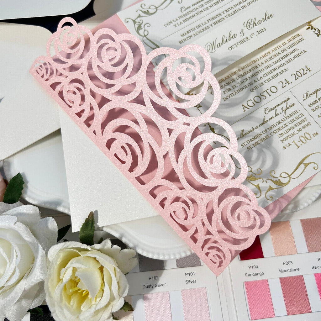 Laser Cut Rose Wedding Invitation with Gold Foil Printing, 5x7 Gate Fold Invites Card, Pink Shimmer Invitations Wedding Ceremony Supplies Picky Bride 