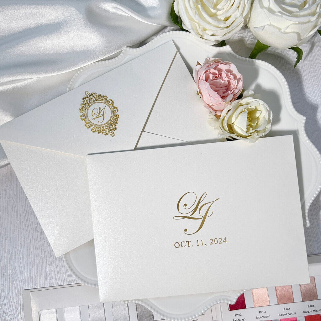 Laser Cut Rose Wedding Invitation with Gold Foil Printing, 5x7 Gate Fold Invites Card, Pink Shimmer Invitations Wedding Ceremony Supplies Picky Bride 