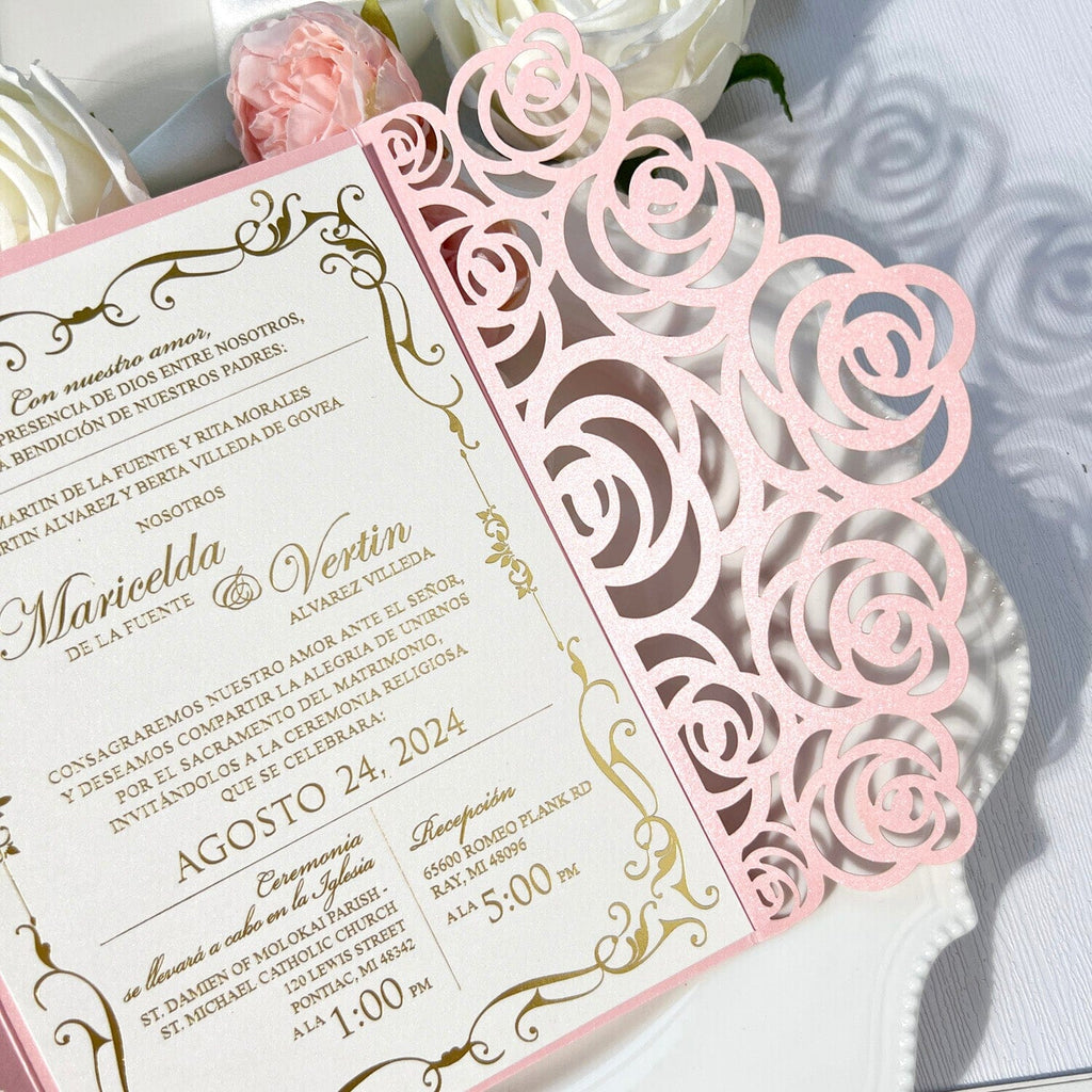 Laser Cut Rose Wedding Invitation with Gold Foil Printing, 5x7 Gate Fold Invites Card, Pink Shimmer Invitations Wedding Ceremony Supplies Picky Bride 