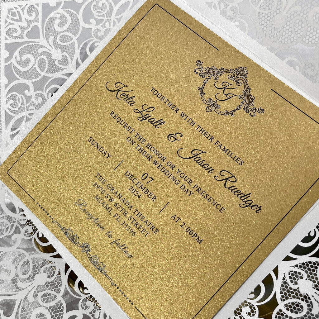 Laser Cut White and Gold Wedding Invitations, Square Floral Lace Wedding Invite Cards with RSVP, Golden Wedding Invites Royal Wedding Ceremony Supplies Picky Bride 