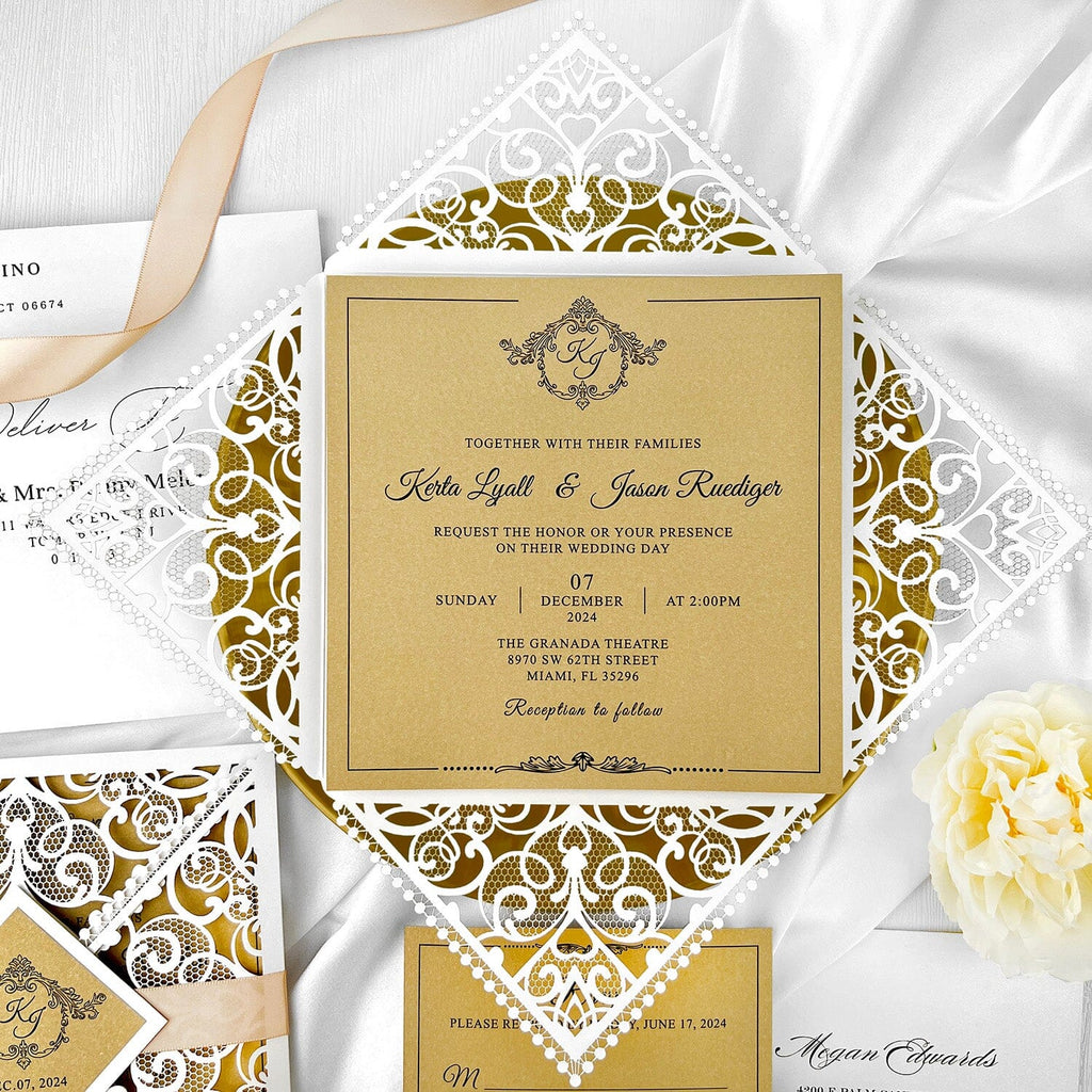 Laser Cut White and Gold Wedding Invitations, Square Floral Lace Wedding Invite Cards with RSVP, Golden Wedding Invites Royal Wedding Ceremony Supplies Picky Bride 