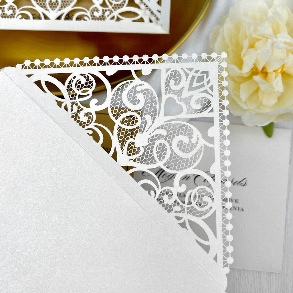 Laser Cut White and Gold Wedding Invitations, Square Floral Lace Wedding Invite Cards with RSVP, Golden Wedding Invites Royal Wedding Ceremony Supplies Picky Bride 