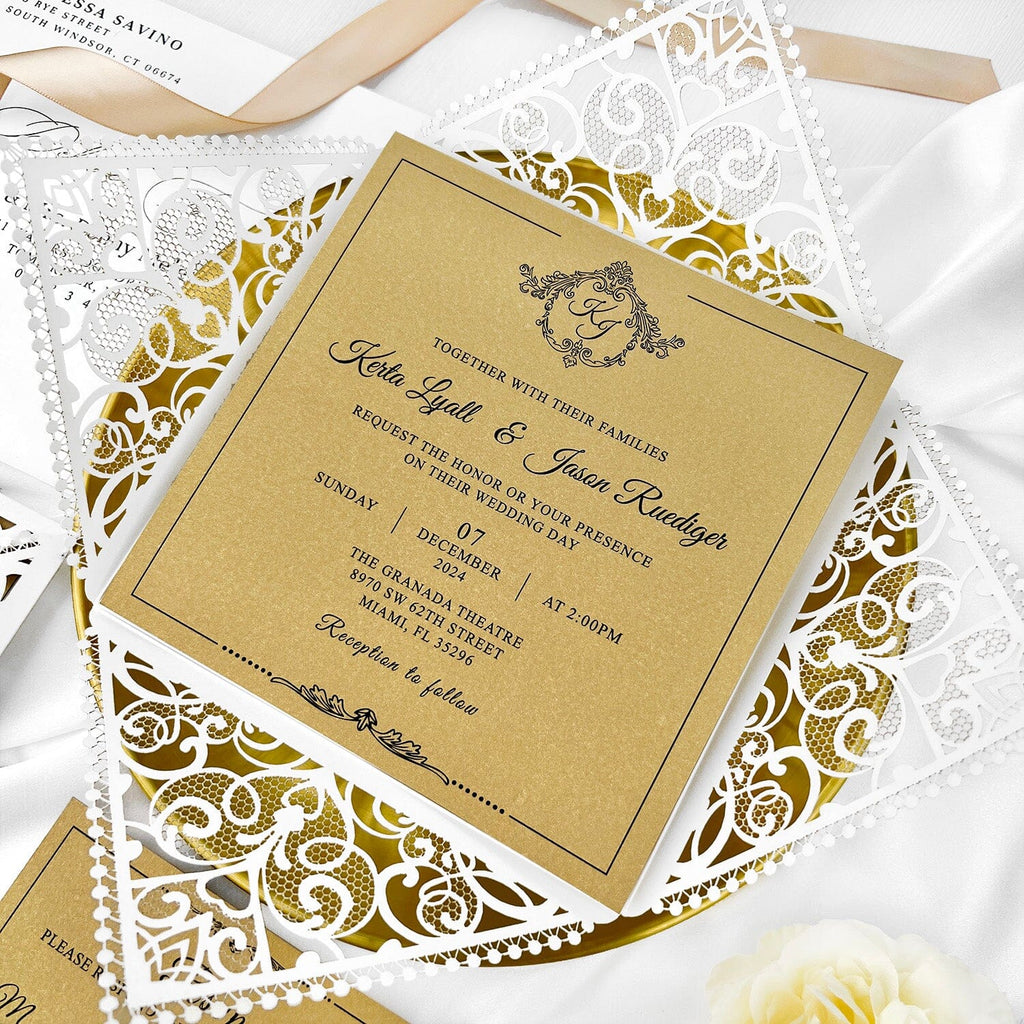 Laser Cut White and Gold Wedding Invitations, Square Floral Lace Wedding Invite Cards with RSVP, Golden Wedding Invites Royal Wedding Ceremony Supplies Picky Bride 