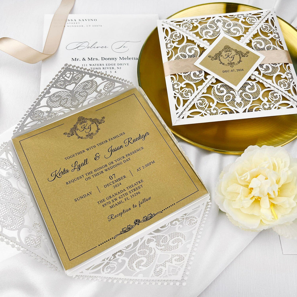 Laser Cut White and Gold Wedding Invitations, Square Floral Lace Wedding Invite Cards with RSVP, Golden Wedding Invites Royal Wedding Ceremony Supplies Picky Bride 