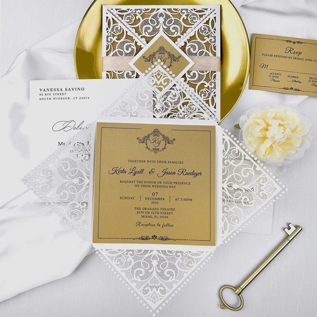 Laser Cut White and Gold Wedding Invitations, Square Floral Lace Wedding Invite Cards with RSVP, Golden Wedding Invites Royal Wedding Ceremony Supplies Picky Bride Invitations + RSVP 