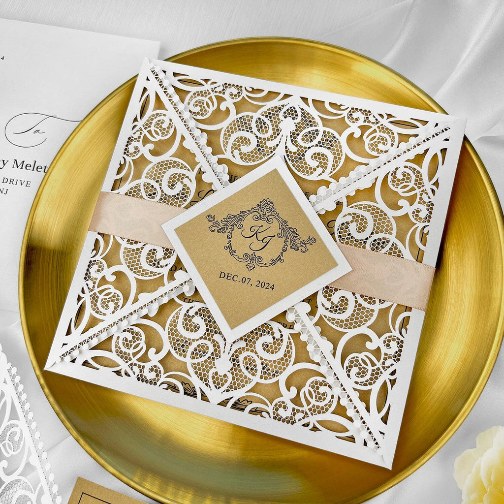 Laser Cut White and Gold Wedding Invitations, Square Floral Lace Wedding Invite Cards with RSVP, Golden Wedding Invites Royal Wedding Ceremony Supplies Picky Bride Invitations 